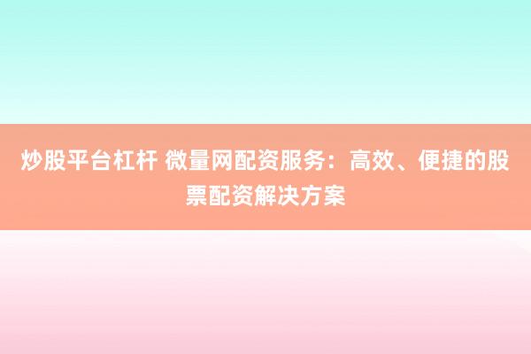 炒股平台杠杆 微量网配资服务：高效、便捷的股票配资解决方案